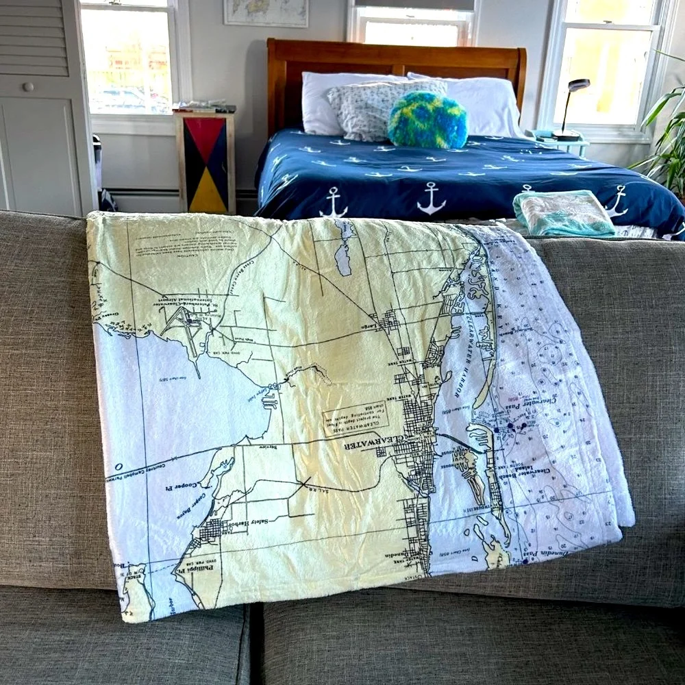 NEW without TAGS PLUSH Blanket with Nautical Chart of Tampa / St. Pete